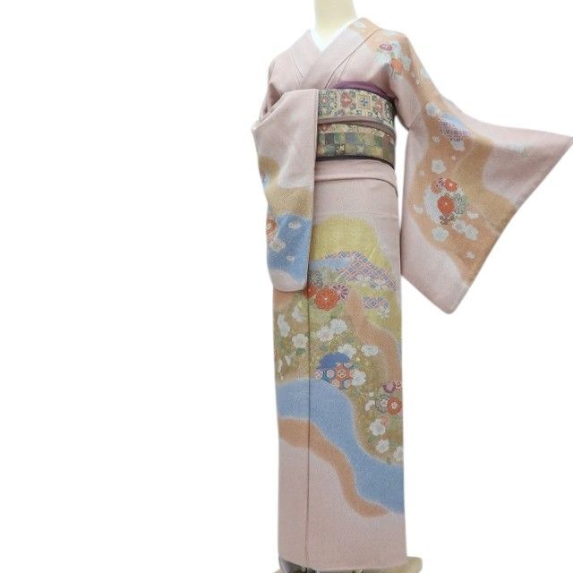 【中古】百華 Y4379 染め一つ紋 桜 梅 菊 橘 雪輪 手縫い仕立て 正絹 訪問着 着物 単品
