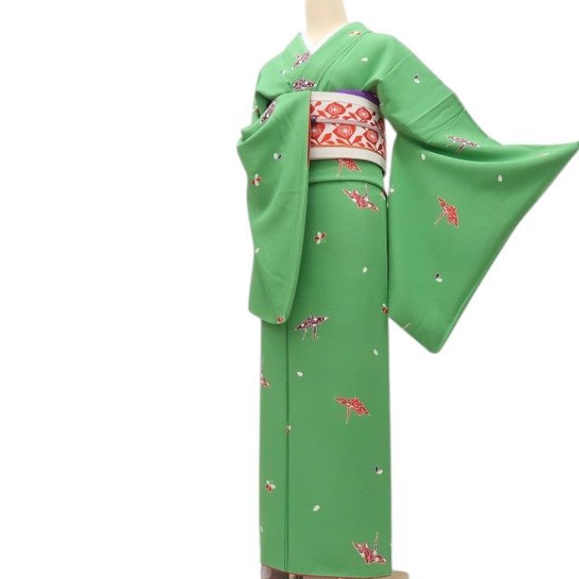 【中古】百華 Y4552 美品 手縫い仕立てもの 折り鶴 桜 トール大きさ 正絹 小紋 御召しもの 単品 再利用御召しもの