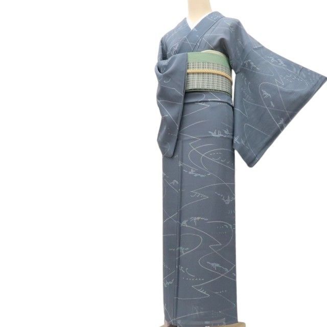 【中古】百華 Y4913◆美品未着付ける 夏御召しもの 正絹 絽 水流 波 松 チドリ 居敷き心積もり付 手縫い仕立てもの 小紋 単品 再利用御召しもの