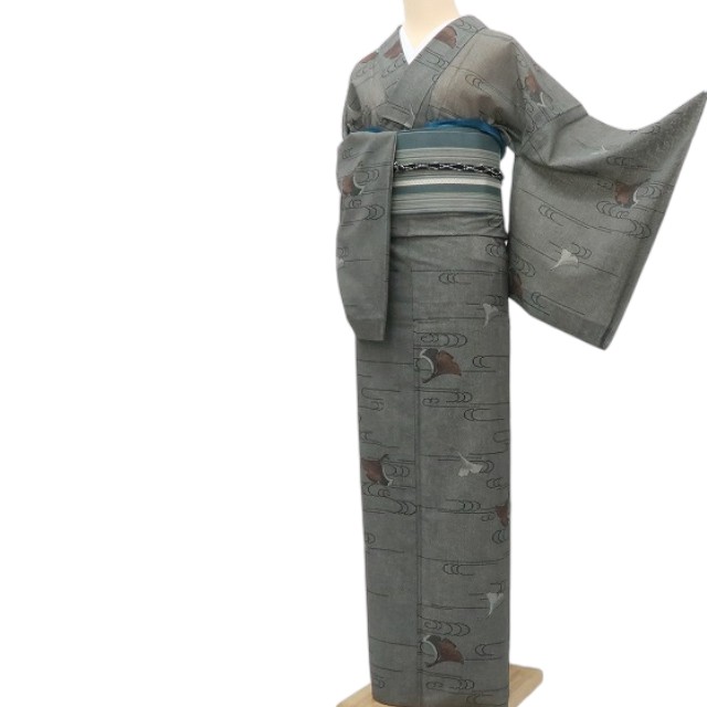 【中古】忠実忠実しい藤 ｍ1171＊美品 洗える夏お召しもの 薄物 鴨脚樹 小紋 再利用お召しもの