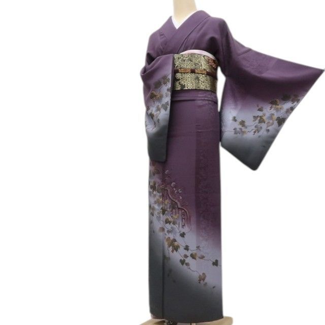 【中古】百華 Y4687 美品 やまと誂製 金糸刺・墸 葡萄 唐花 手縫い仕立て ゆったりサイズ 正絹 紬訪問着 着物 単品