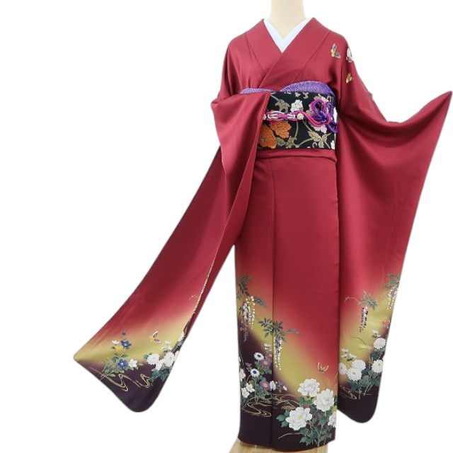 【中古】まめ藤 ｍ374 正絹 蝶 菊 藤 牡丹 着物 成人式 手縫い仕立て 振袖単品