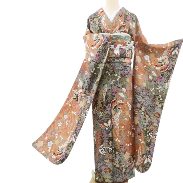 【中古】まめ藤 ｍ416 美品 正絹 蝶 梅 牡丹 成人式 手縫い仕立て 振袖単品