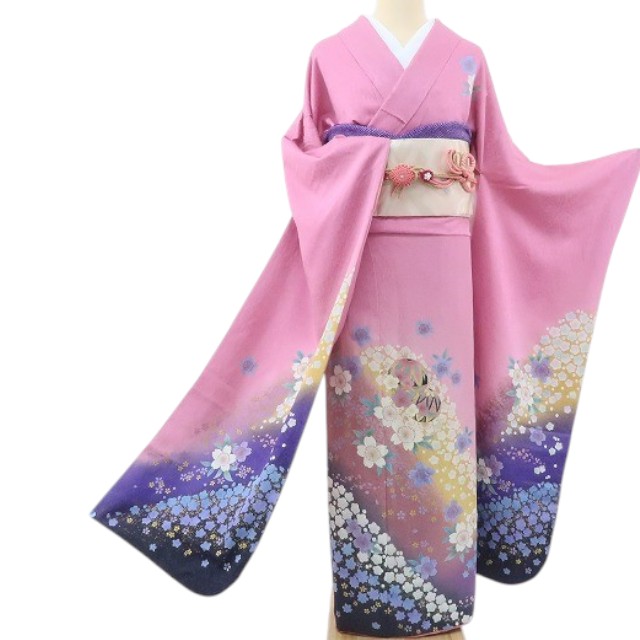 【中古】忠実忠実しい藤 ｍ582 美品 トール・広々とした大きさ 銀通し 笹べり付き添い人 絞り 桜 毬 手縫い仕立てもの 振袖単品 再利用御召しもの
