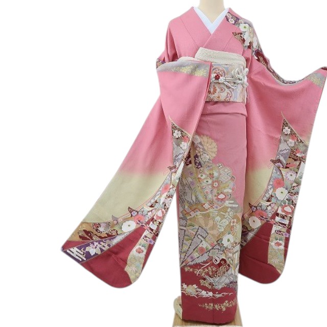 【中古】忠実忠実しい藤 ｍ584 美品 金駒・銀駒刺しゅう 御所車 トール大きさ 名取り草 笹べり付き添い人 手縫い仕立てもの 振袖単品 再利用御召しもの