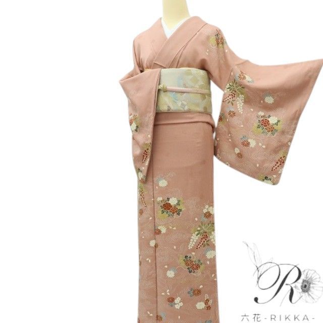 【中古】六花-RIKKA- 正絹 金駒刺_ 牡丹 菊 梅 藤 訪問着 着物 A4629