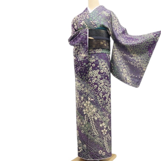 【新古品】tomihisa 新品 桜 銀通し 着物 正絹 仕付け糸付 トールサイズ 訪問着 7704