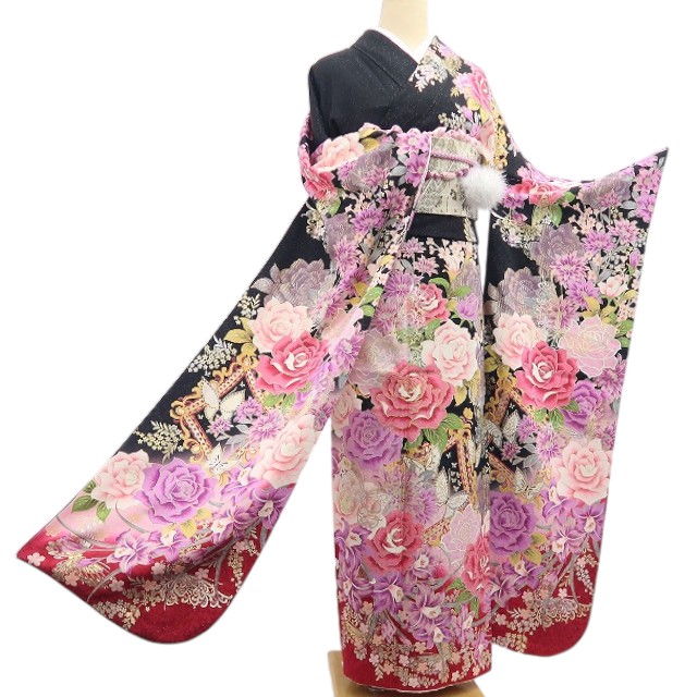 【中古】tomihisa 美品 薔薇 着物 正絹 成人式 トールサイズ 振袖