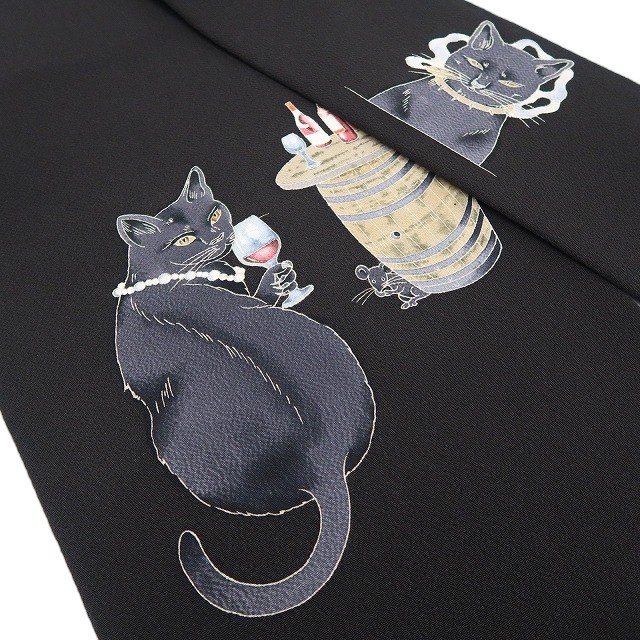 【新品】tomihisa 新品 秀美 お仕立て上がり品 猫 ワイン 着物 正絹 なごや帯 7497