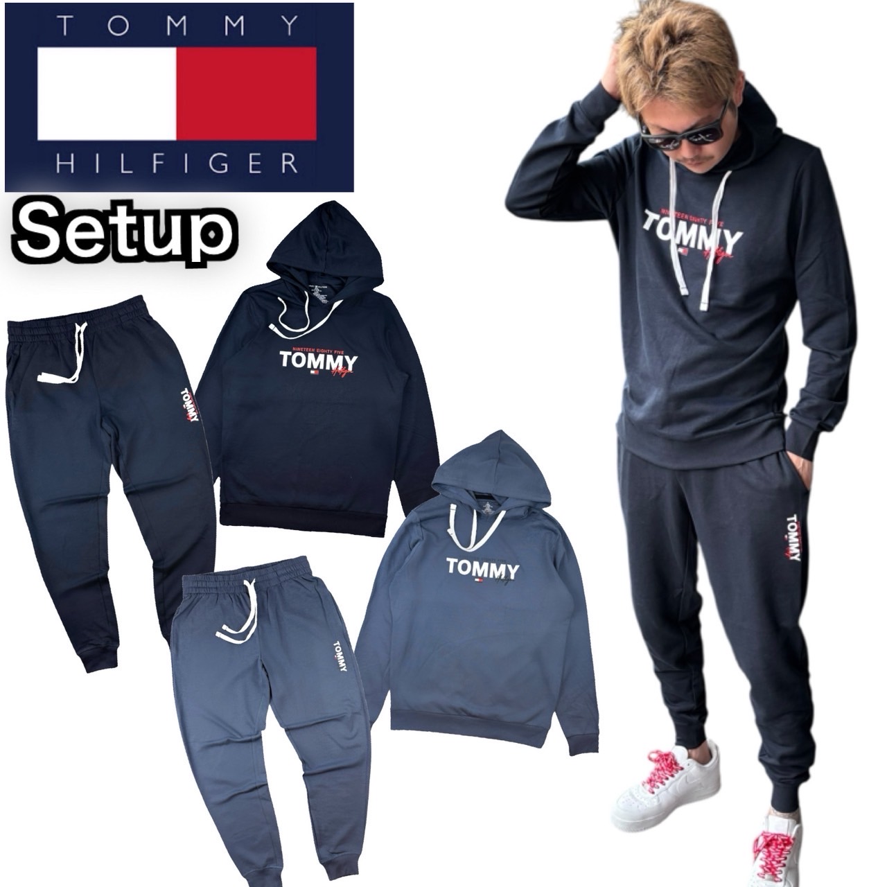 トミーヒルフィガー TOMMY HILFIGER セットアップ 上下 パーカー 09T4499/09T4500 長袖 ボトムス 長袖 スウェット メンズ ジョガーパンツ 部屋着 2点