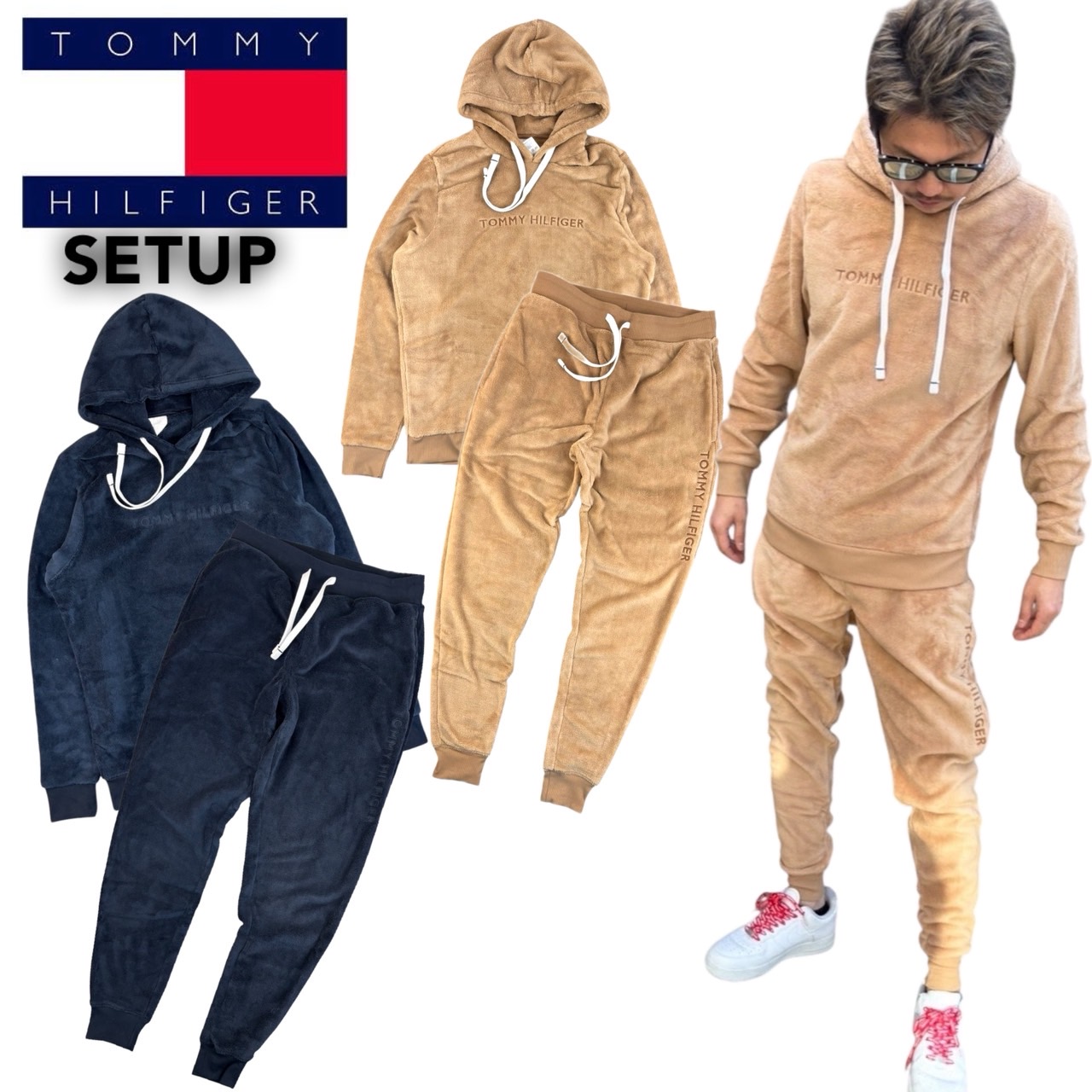 トミーヒルフィガー TOMMY HILFIGER ボア セットアップ 上下2点書き割り 09T4533/09T4534 パーカー 汗水 フリース 刺しゅうロゴタイプ ジョガーパンツ お座敷御召しもの