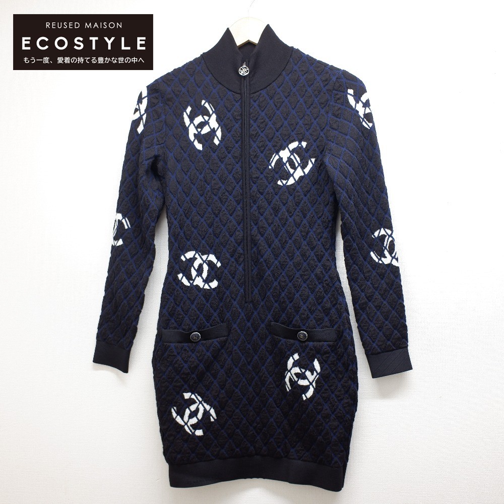 Chanel シャネル 国内正規 Pk カシミヤ シルク混 ココマーク フロントジップ ニット ワンピース 34 ネイビー レディース 中古 Filmsdeculfrancais Com