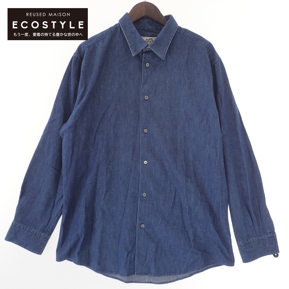 Hermes エルメス 国内法例 19年歯製 セリエ名取り草 長袖ボタン ジーンズtシャツ トップス 青色 メンズ 中古 Pasadenasportsnow Com