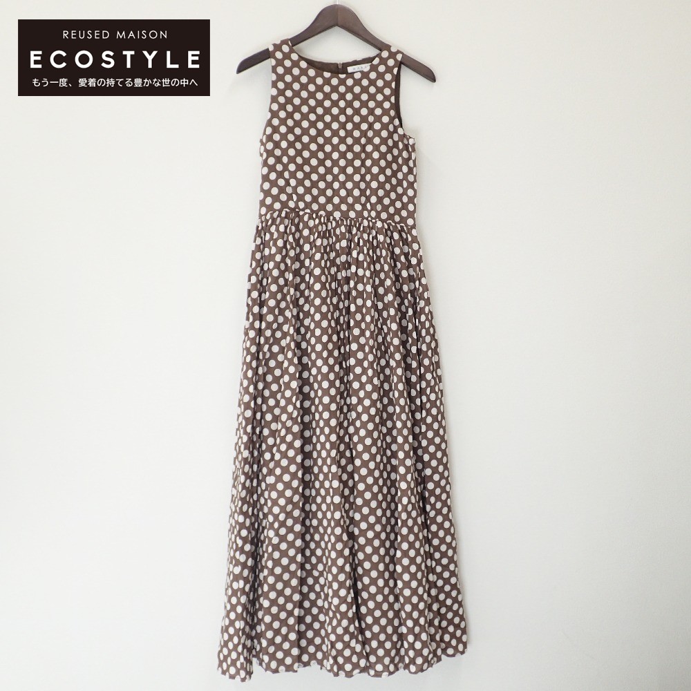 Mariha マリハ Martiniqueマルティニーク別注 夏のレディのドレス ドット柄 ノースリーブ ロング ワンピース 38 ブラウン ホワイト レディース 中古 Francophile Dk