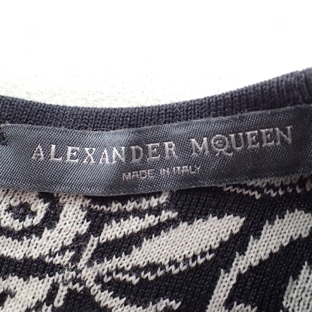Alexander Mcqueen アレキサンダーマックイーン シルク混ウール 総柄 ノースリーブ ひざ丈 ニット ワンピース S ブラック ホワイト レディース 中古 Gpg Callcenter Com