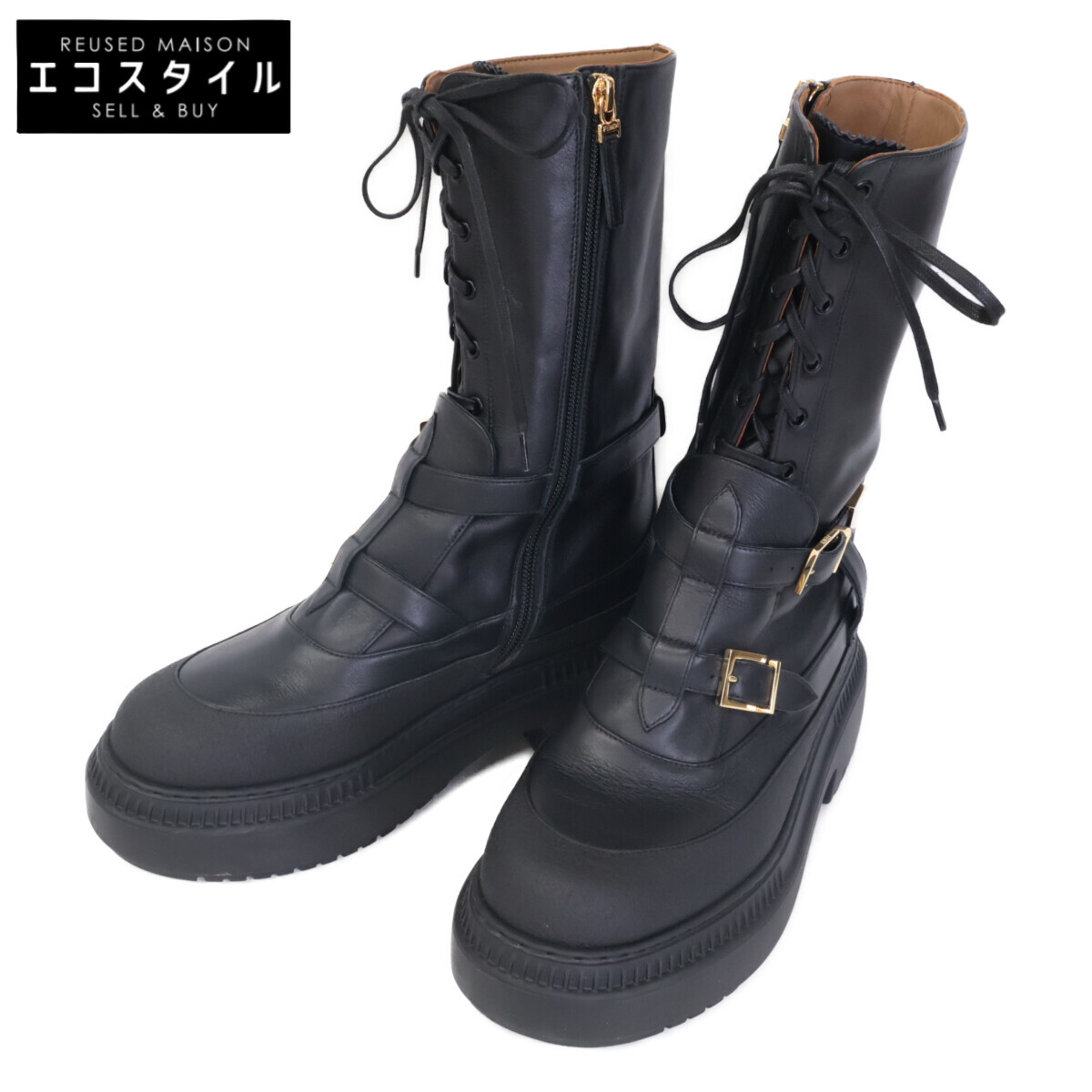 【美品】FENDI ロココ レザー/ストレッチファブリック バイカーブーツ 37 9257_0.jpg