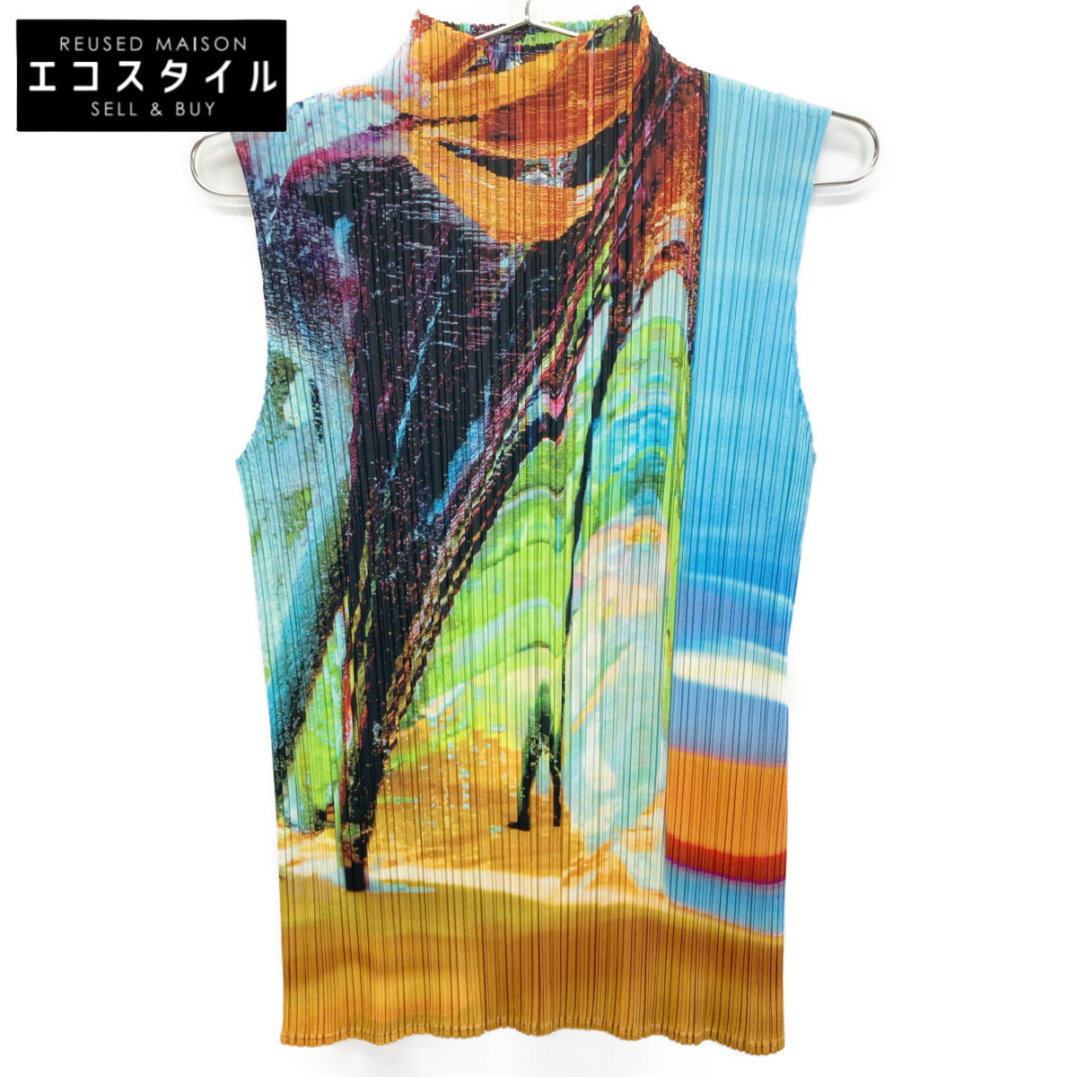 PLEATS PLEASE 筋目プリーズ 新品負けず劣らず 23AW PP33-JK671 TROPICAL WINTER ノースリーブトップス トップス   3 青色×オレンジ色 レディース 【中古】