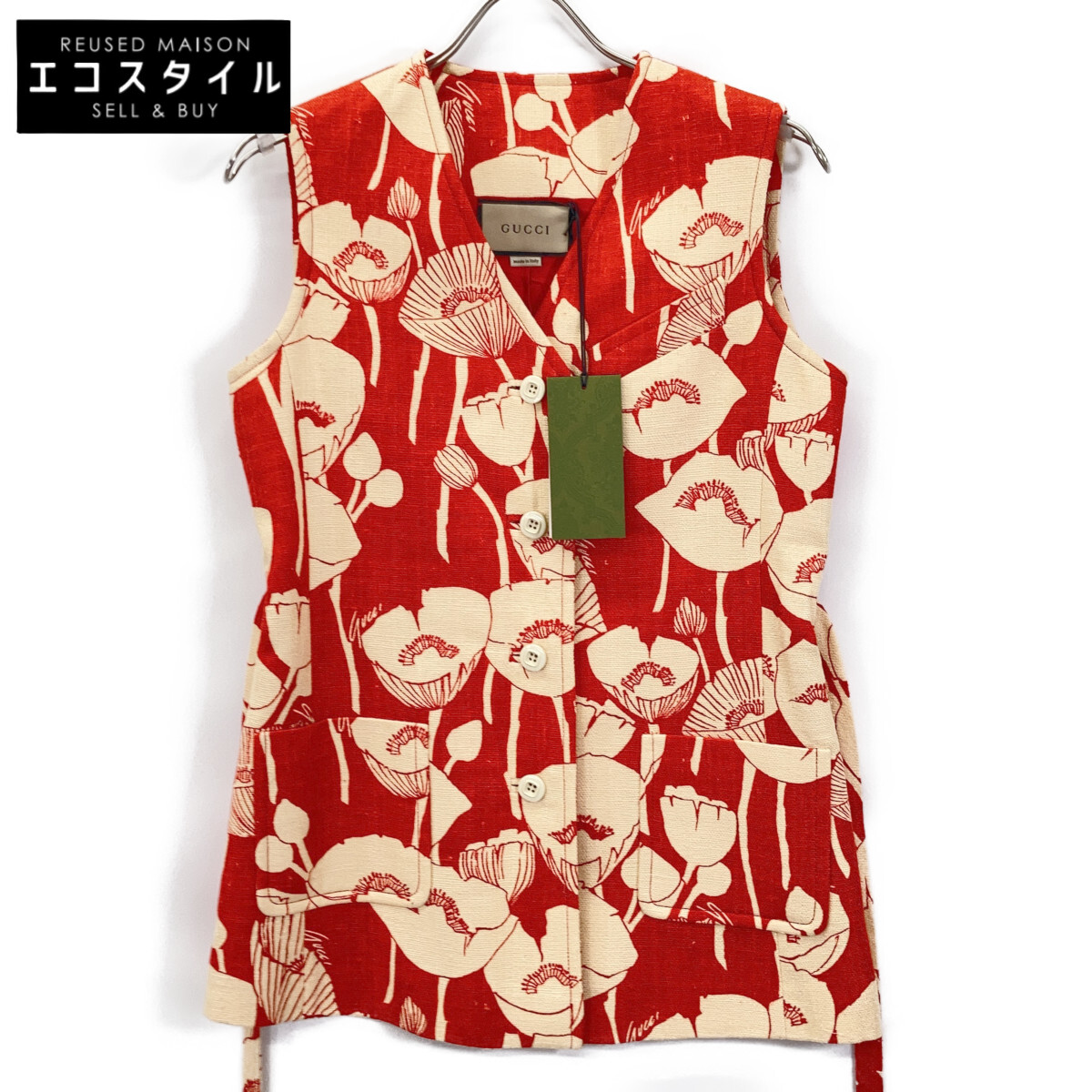 GUCCI グッチ 652265 21年 赤いこと 地絹100 ポピーフラワー ジャガードジレベスト より良い   38 赤いこと レディース 【中古】