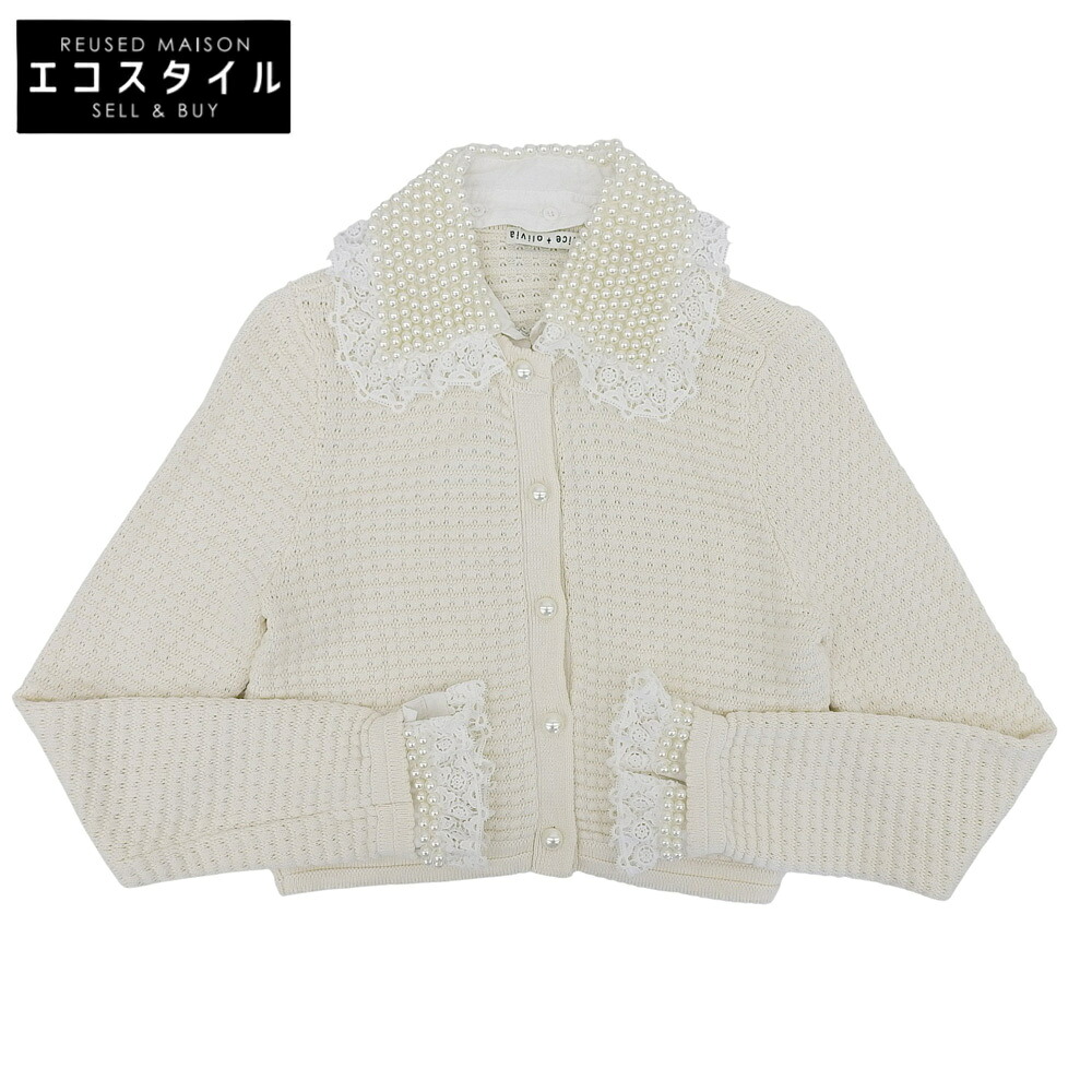 alice+olivia アリスオリビア パール×レースカラー ニットカーディガン レディース ホワイト XS トップス XS ホワイト レディース 【中古】