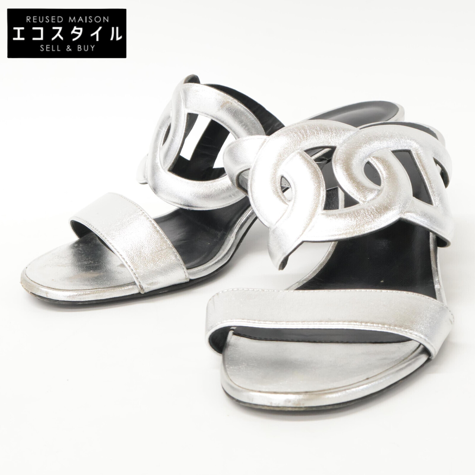 HERMES エルメス H202180Z Bikini sandal シェーヌダンクルモチーフ メタリックナッパ チャンキーヒール サンダル 38 1/2 しろがね色 レディース 【中古】