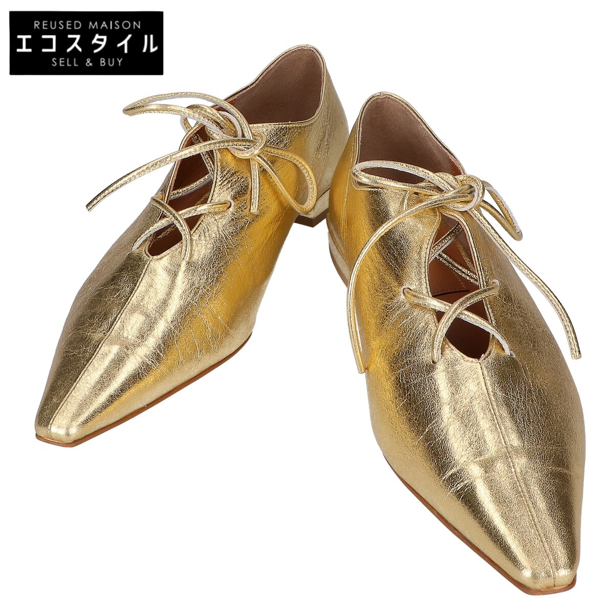 HENRI EN VARGO ヘンリエンヴァーゴ 【新品同様】ポインテッドトゥ レースアップ フラット シューズ 37 1/2 ゴールド レディース 【中古】