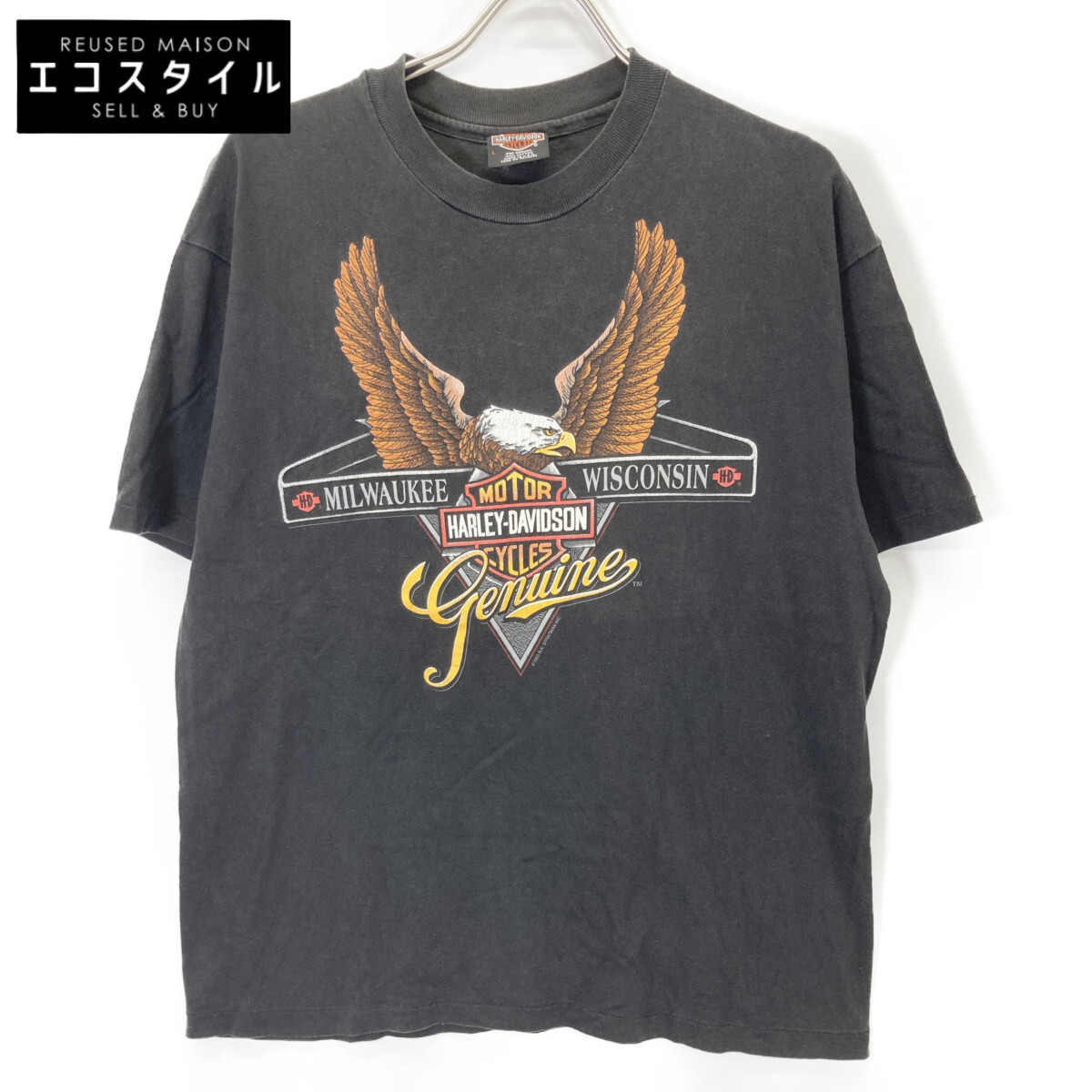 HARLEY DAVIDSON ハーレーダビッドソン 90s 濃灰色 鷲赤ちょうちん プルオーバー トップス   L 黒いこと メンズ 【中古】