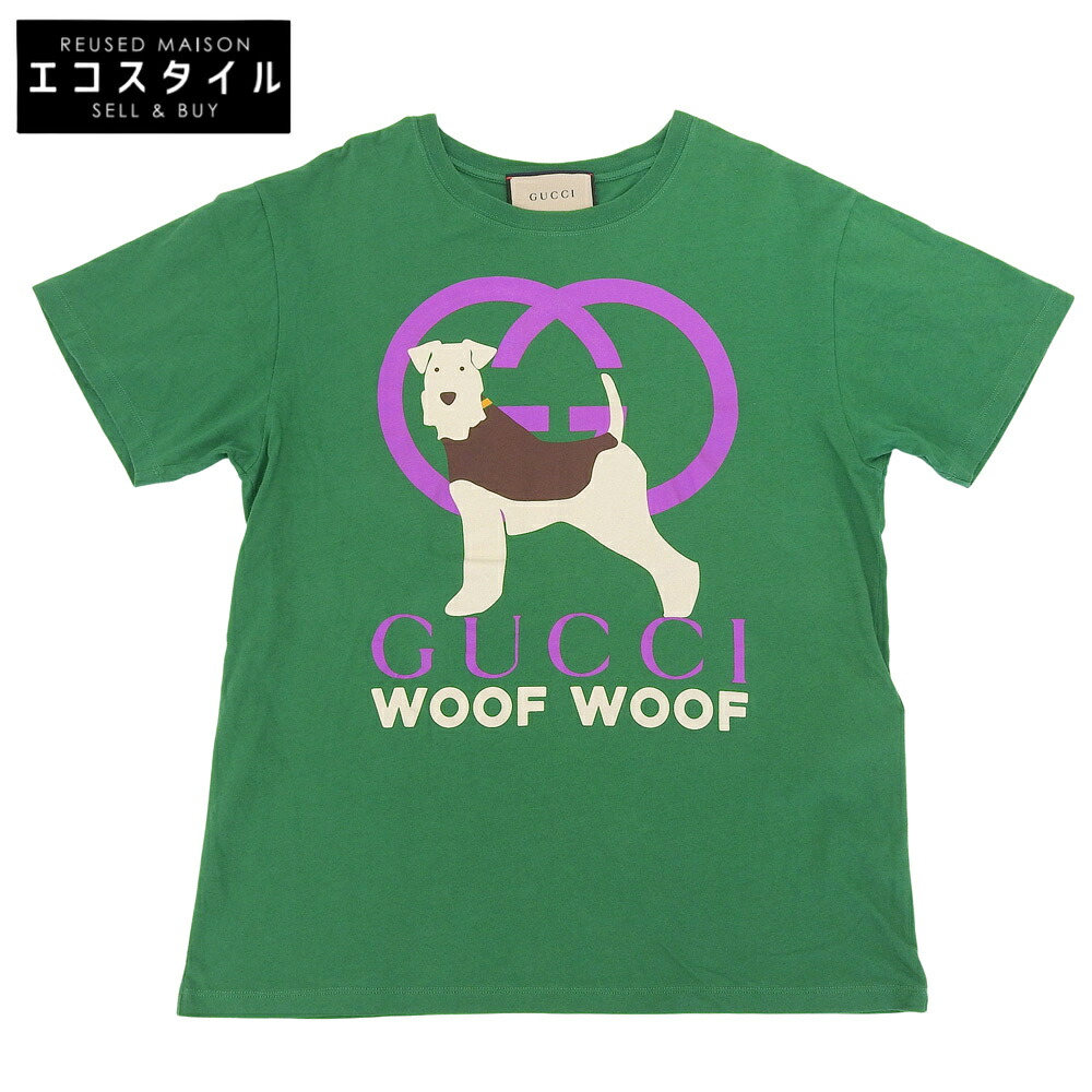 GUCCI グッチ WOOF WOOF ドッグプリント コットン Tシャツ トップス レディース グリーン S トップス S グリーン レディース 【中古】