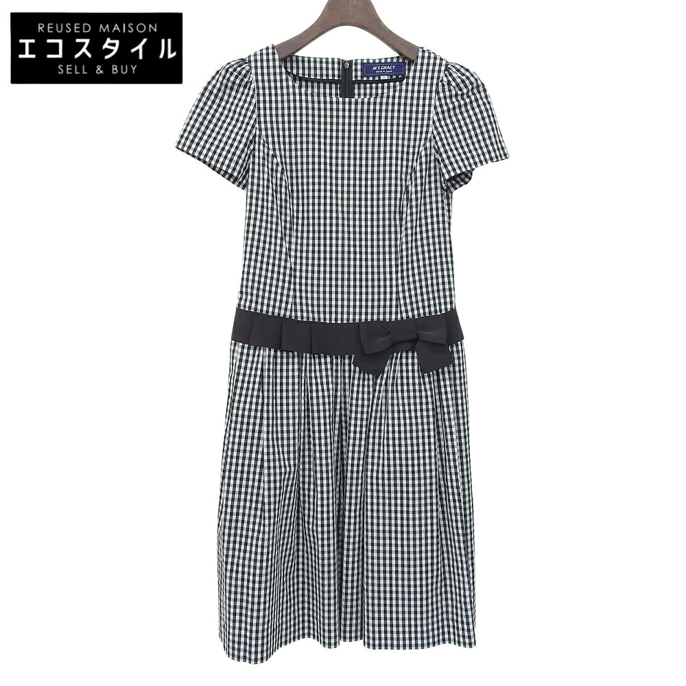 M'S GRACY エムズグレイシー 美品 ギンガムチェック リボン ワンピース レディース ブラック/ホワイト 36 PM-811329 ワンピース 36 ブラック/ホワイト レディース 【中古】