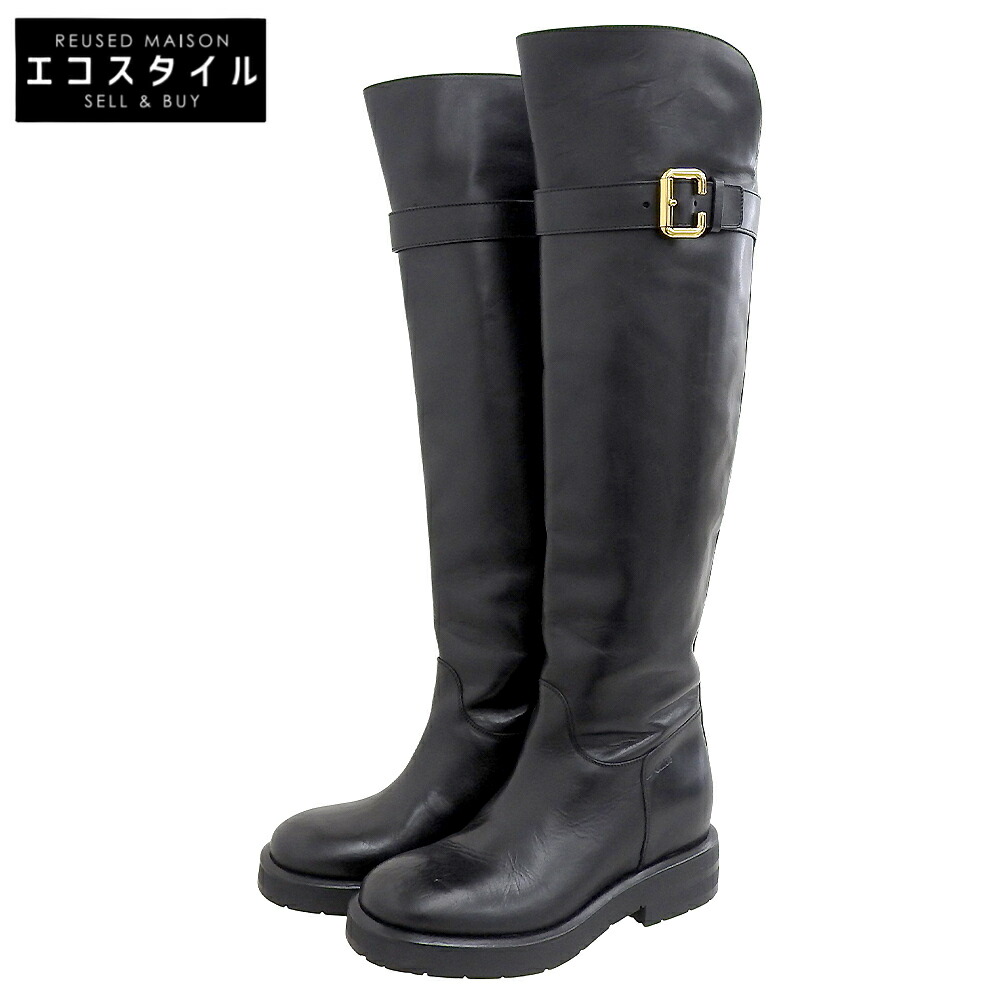 CHLOE クロエ 美品 Coddington レザー フラットロングブーツ シューズ レディース ブラック×ゴールド 37 042432E シューズ 37 ブラック レディース 【中古】