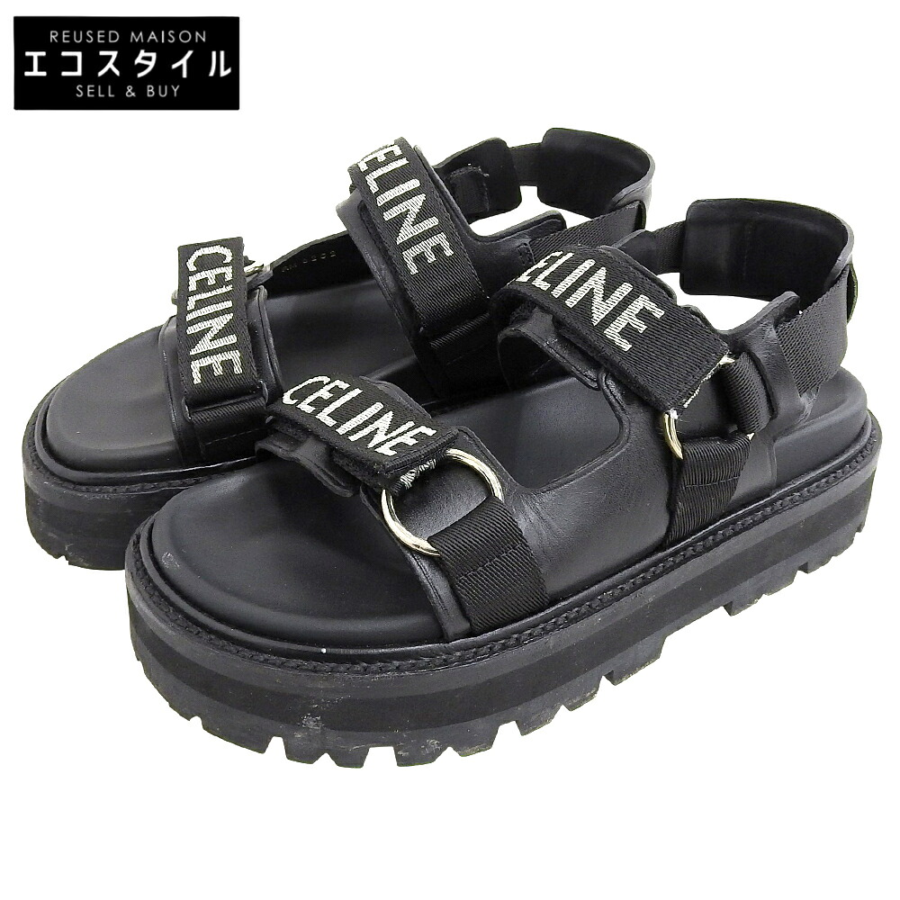 CELINE セリーヌ なめし革×布切れ サンダル BULKY シューズ レディース 黒 黒いこと 38 1/2 RM1201 シューズ   38 1/2 黒いこと レディース 【中古】