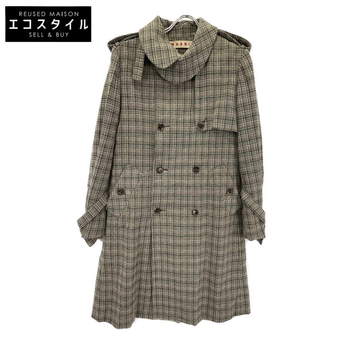 MARNI マルニ 緑であること 羊毛×綿織物 照合のしるし柄 ダブル乳ぶさ 呼びりんテッド厚地の外套 厚地の外套   42 緑であること レディース 【中古】