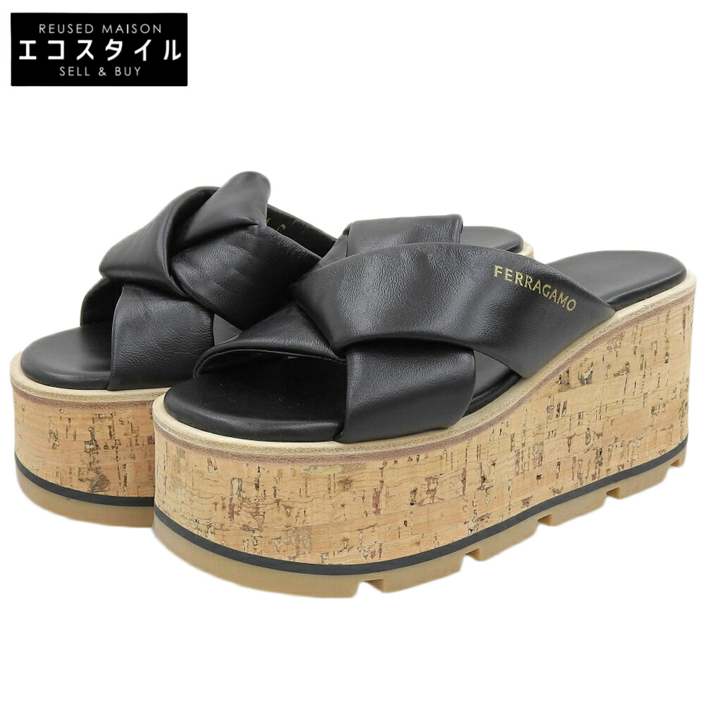 Salvatore Ferragamo サルヴァトーレフェラガモ 新品負けず劣らず ENGRACIA キルク ウェッジソール サンダル シューズ レディース 黒 4C 24SS シューズ   4C 黒いこと レディース 【中古】