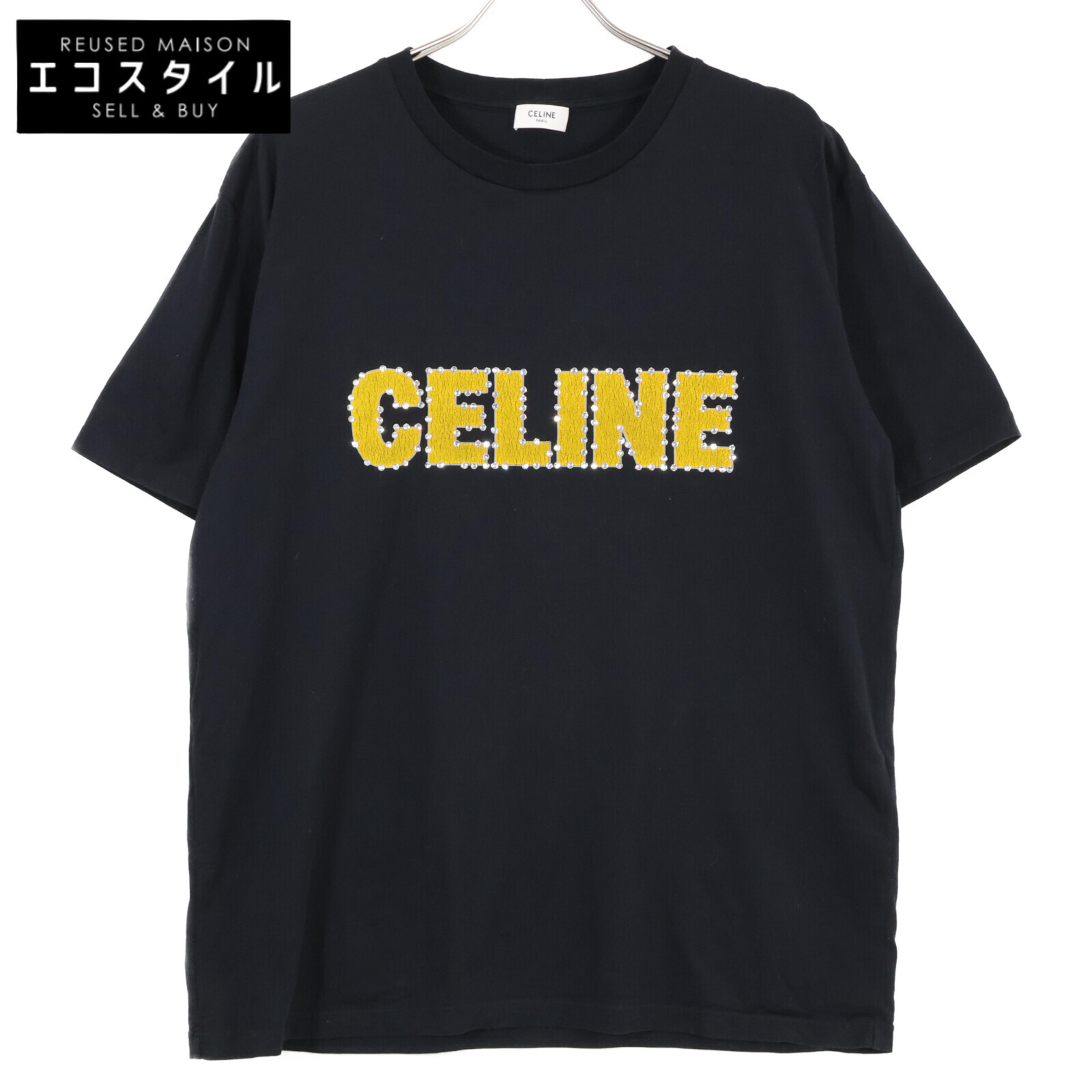 CELINE セリーヌ 2X15M671Q 黒いこと クラックロゴストーンデザインティーシャツ トップス   Ｓ 黒いこと メンズ 【中古】
