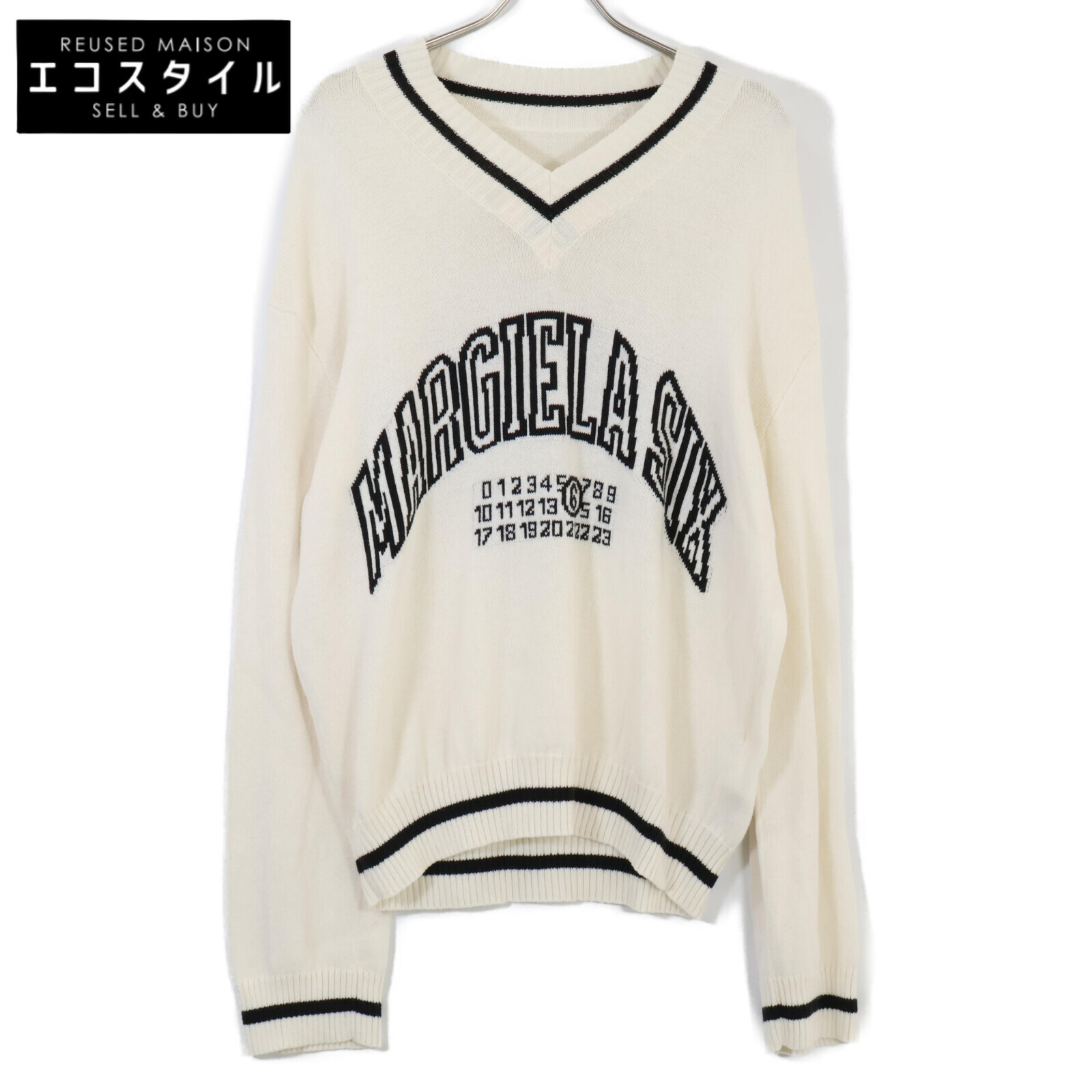 MM6 エムエムシックス 25SS SH0HN0002 ﾎﾜｲﾄ ﾛｺﾞﾃﾞｻﾞｲﾝ Vﾈｯｸﾌﾟﾙｵｰﾊﾞｰﾆｯﾄ トップス Ｓ ホワイト レディース 【中古】