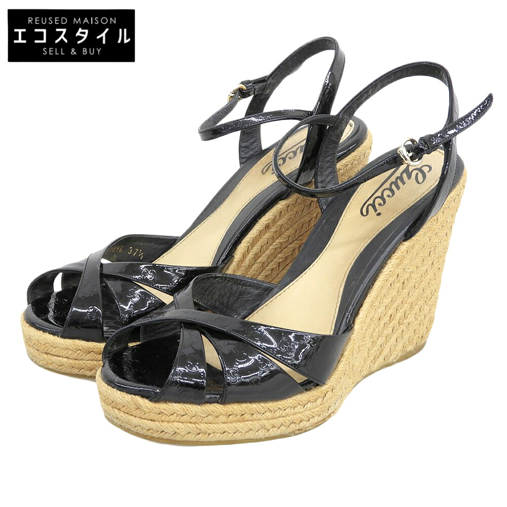 GUCCI グッチ マイクログッチシマ パテントレザー ウェッジソール サンダル シューズ レディース 黒 ブラック37 1/2 291096 シューズ 37 1/2 ブラック レディース 【中古】