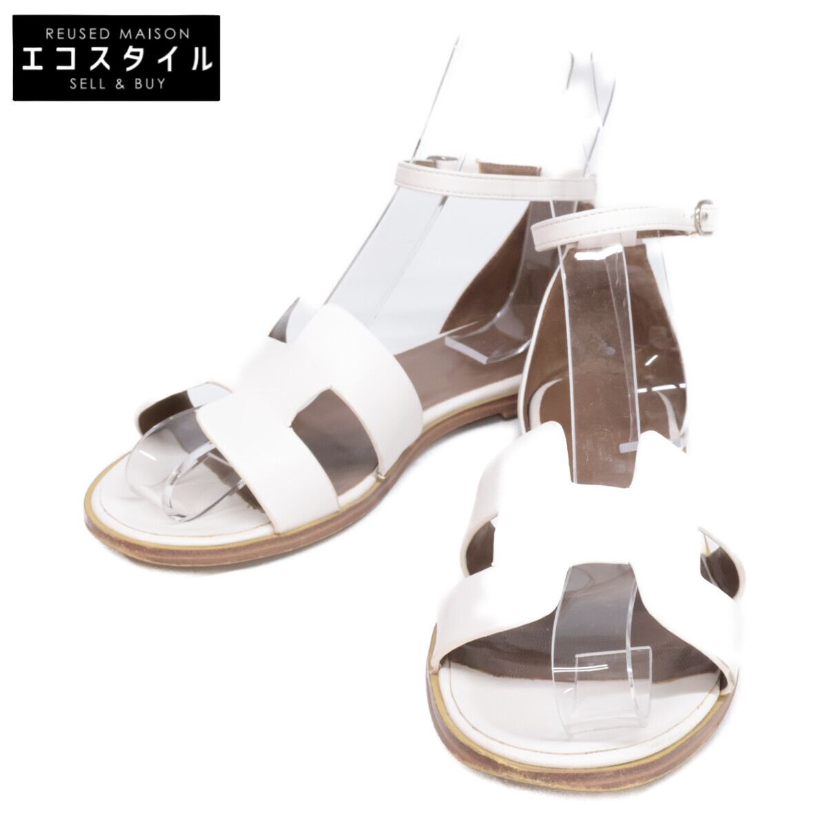 HERMES エルメス H182138Z サントリーニ H動機 アンクルストラップ 坦々たるサンダル/ シューズ 35 白いこと レディース 【中古】