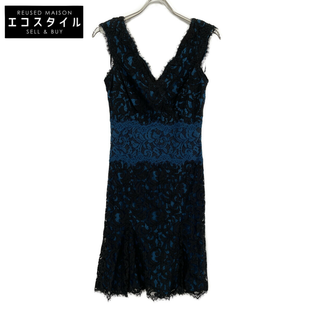 TADASHI SHOJI タダシショージ ACZ1345M Vﾈｯｸ ﾉｰｽﾘｰﾌﾞ 刺繍ﾚｰｽ ﾜﾝﾋﾟｰｽ ワンピース 4 ブラック×ブルー レディース 【中古】