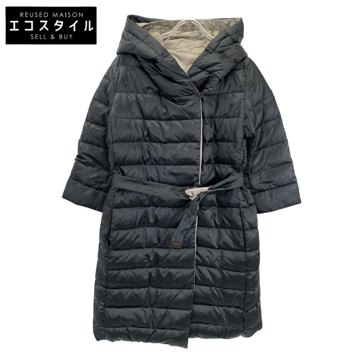 S MaxMara エスマックスマーラ ダークネイビー×ベージュ 胴締め付き添い人リバーシブルフーデットダウンコート 厚地の外套   42 ダークネイビー×ベージュ レディース 【中古】