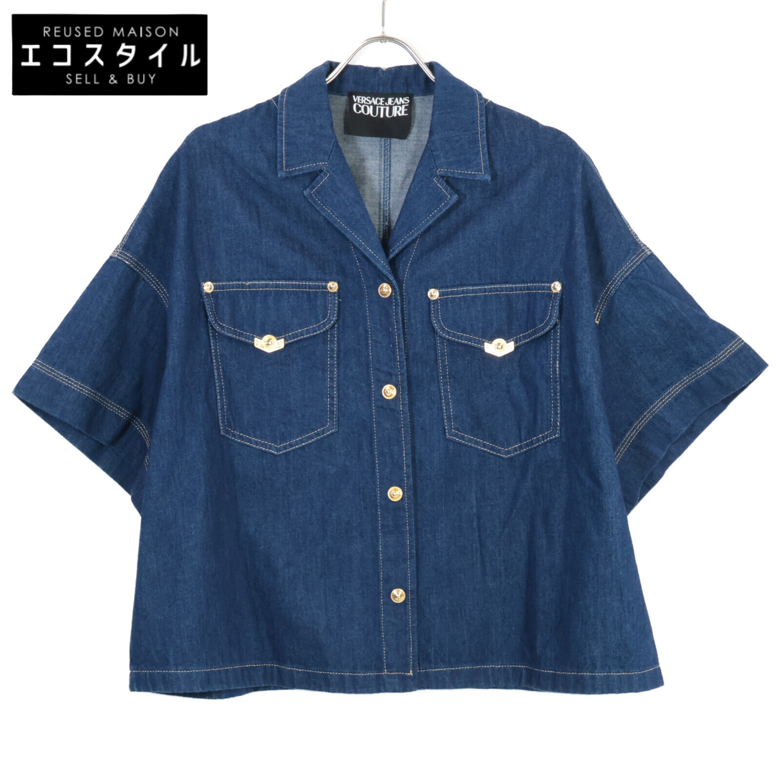 VERSACE JEANS ヴェルサーチジーンズ 71HAL56I ｲﾝﾃﾞｨｺﾞ 金ﾎﾞﾀﾝｼｮｰﾄｽﾘｰﾌﾞﾃﾞﾆﾑｼｬﾂ ジャケット 36 インディゴ レディース 【中古】