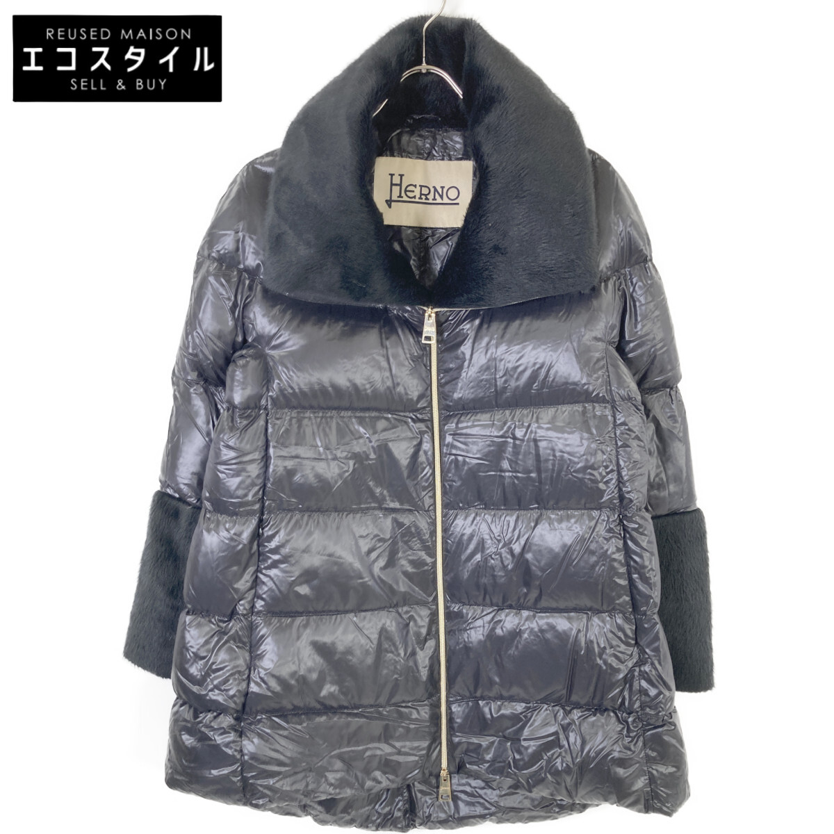 HERNO ヘルノ PI1132D ﾌﾞﾗｯｸ ｴｺﾌｧｰ ﾅｲﾛﾝ ﾀﾞｳﾝｼﾞｬｹｯﾄ ジャケット 42 ブラック レディース 【中古】