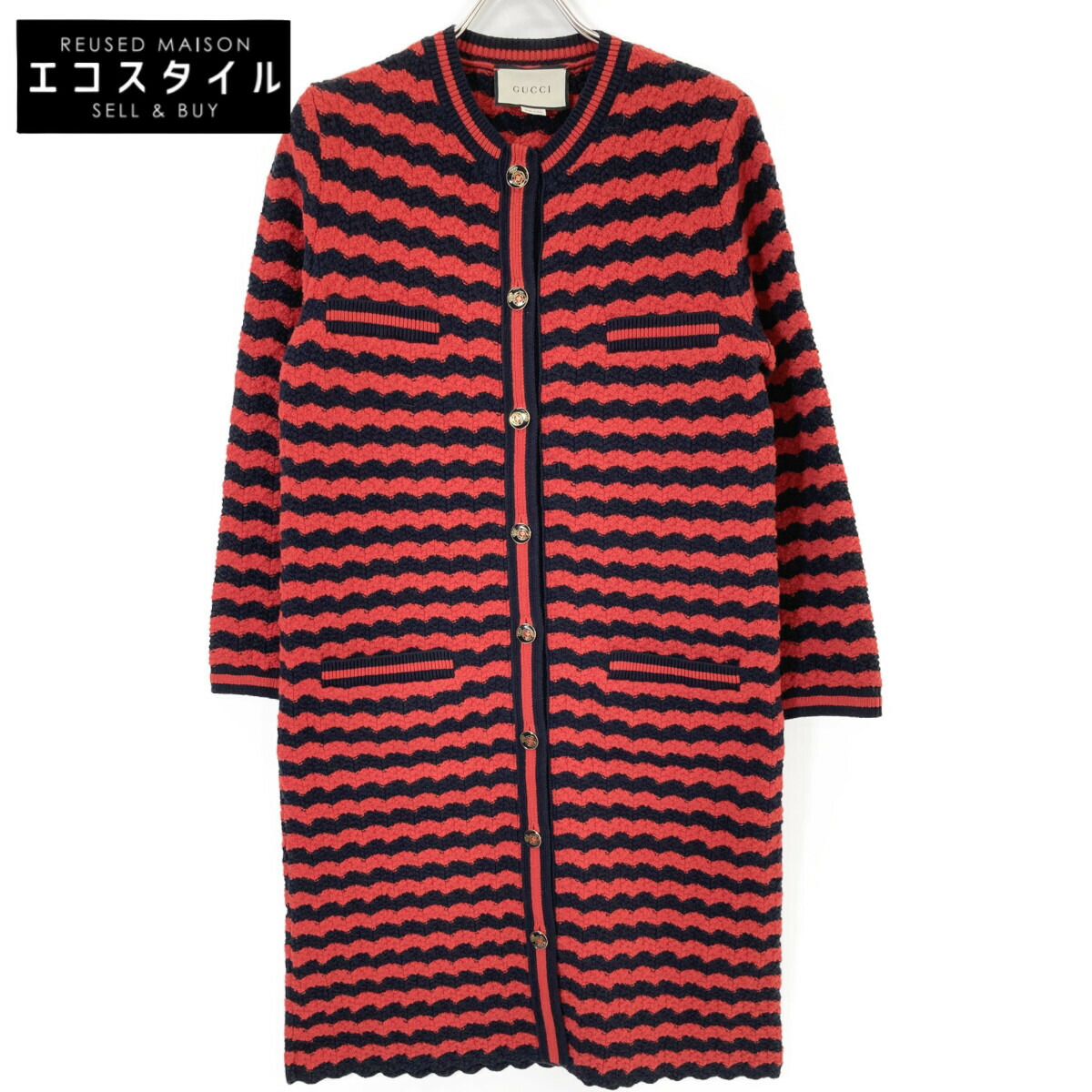 GUCCI グッチ ﾚｯﾄﾞ 501827 ｺｯﾄﾝ×ｳｰﾙ ﾛﾝｸﾞｶｰﾃﾞｨｶﾞﾝ トップス S レッド×ネイビー レディース 【中古】