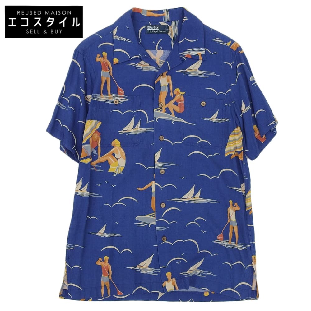 ポロラルフローレン　アロハシャツ　開襟シャツ　レーヨン　象　ブルー　Mサイズ ポロラルフローレン アロハシャツ 開襟シャツ レーヨン 象 ブルー M