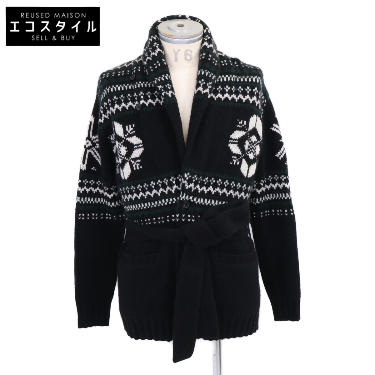 RalphLauren PURPLE LABEL ラルフローレン パープルレーベル 24年製 790953470001 カシミール100 総柄 御手手編み物 ベルテッドショールカラーカーディガン トップス   XS 黒いこと メンズ 【中古】