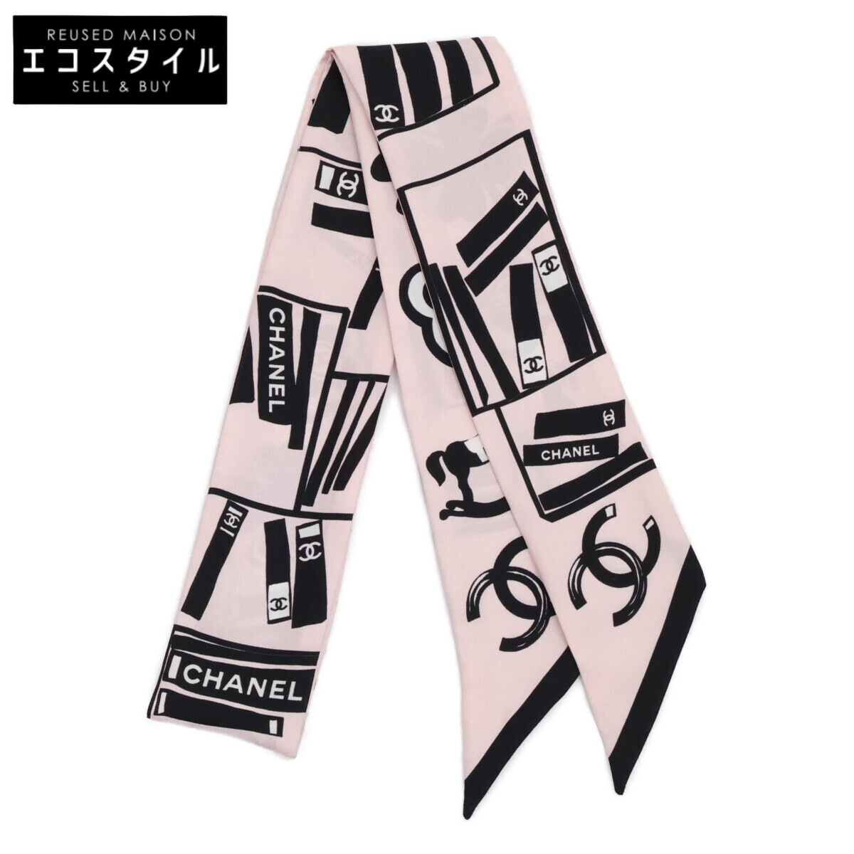 25C CHANELヘアバンド スカーフ シルク ブラック×ホワイト 25C CHANELヘアバンド スカーフ シルク ブラック×ホワイト