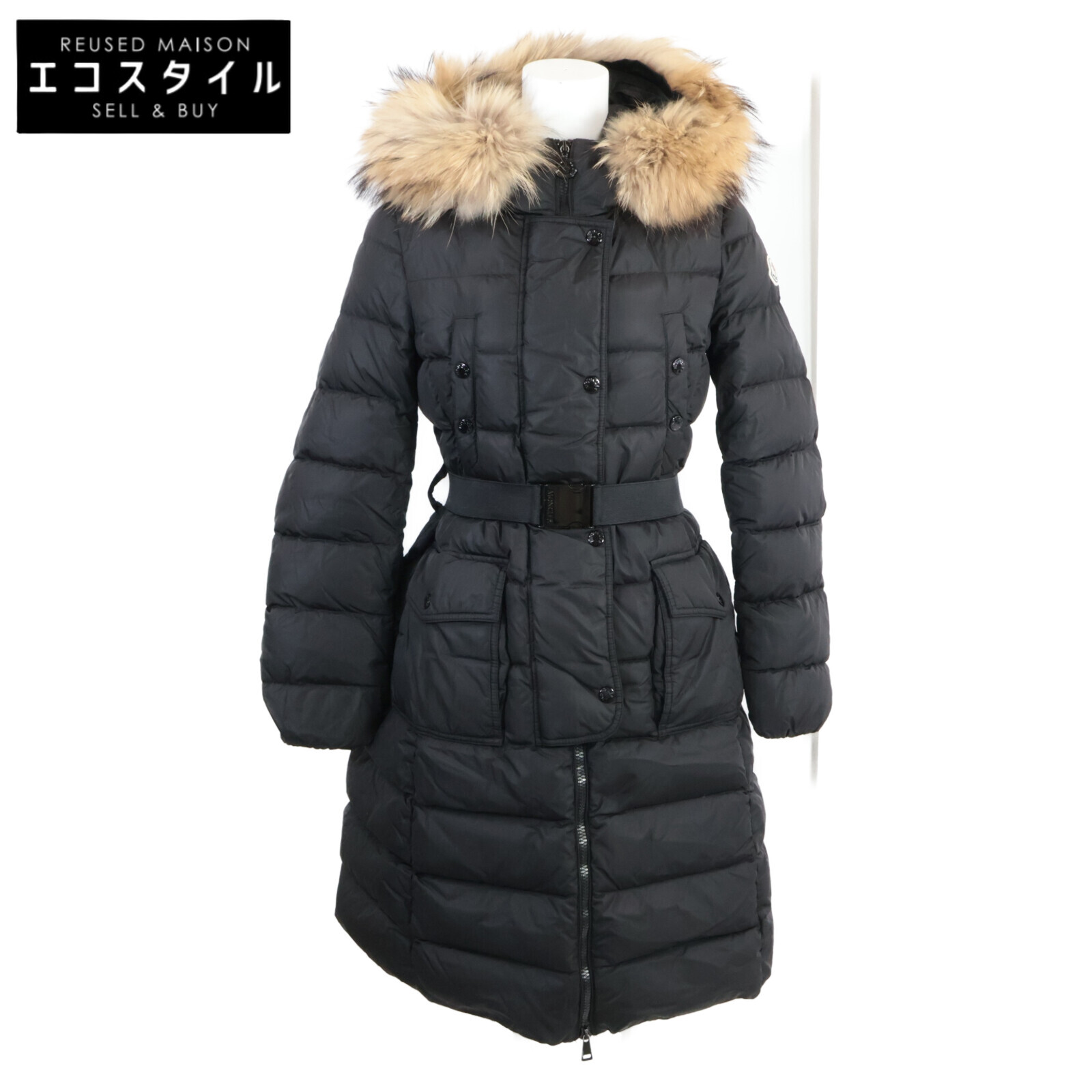 MONCLER モンク線路 KHLOE クロエ 胴締め付き添い人ファーフードダウンコート 厚地の外套   00 黒いこと レディース 【中古】