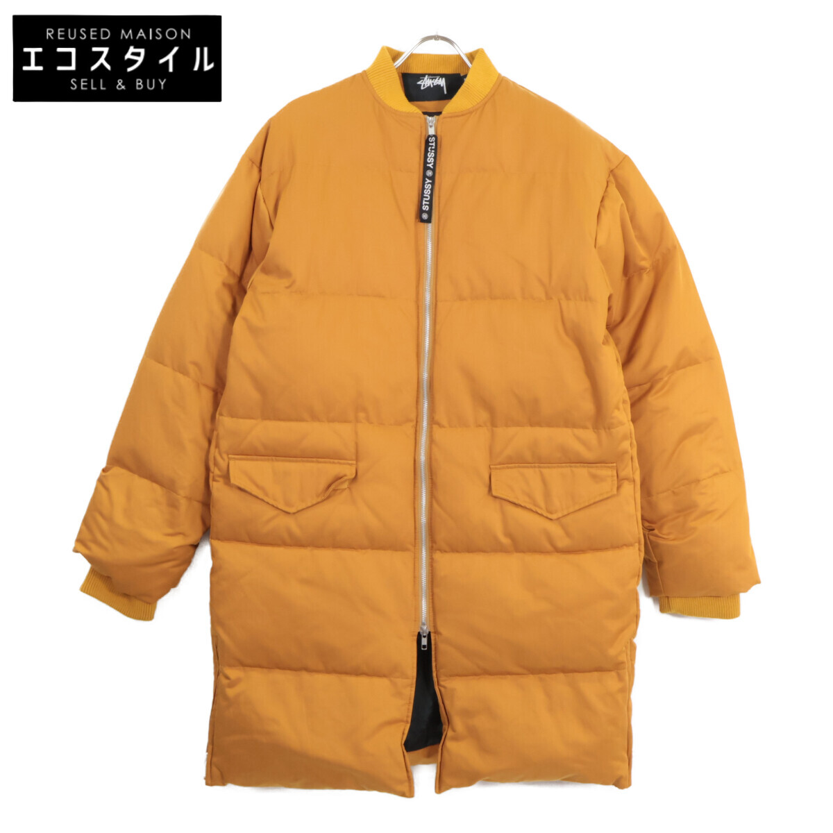 STUSSY ステューシー 黄色 綿織物 リブカラー サイドジップ ロングダウンコート 厚地の外套   オレンジ色 メンズ 【中古】