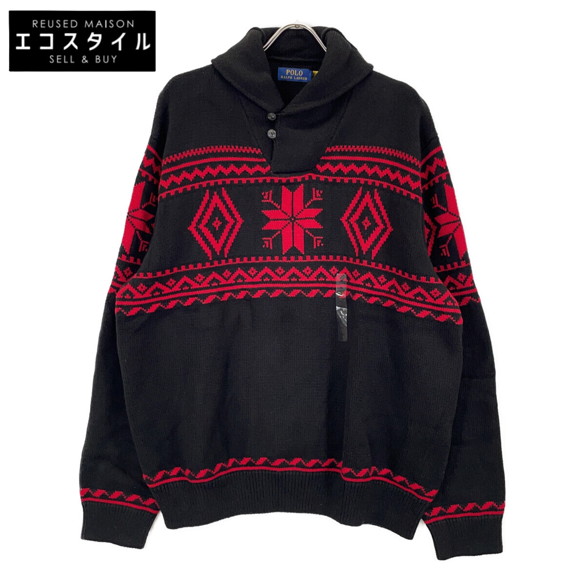 POLO RALPH LAUREN ポロ ラルフローレン ﾌﾞﾗｯｸﾚｯﾄﾞ 21年 ﾉﾙﾃﾞｨｯｸ ｼｮｰﾙｶﾗｰ ﾆｯﾄ トップス XL ネイビー×レッド メンズ 【中古】