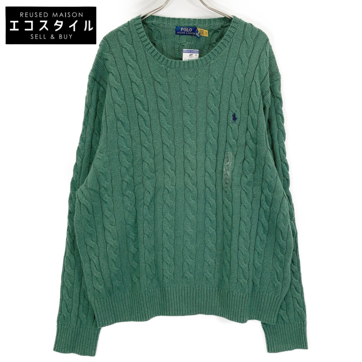 POLO RALPH LAUREN ポロ ラルフローレン ｸﾞﾘｰﾝ ﾎﾟﾆｰ刺しゅう ｹｰﾌﾞﾙ編み ﾆｯﾄｾｰﾀｰ トップス XXL 緑であること メンズ 【中古】 その他-メンズファッション