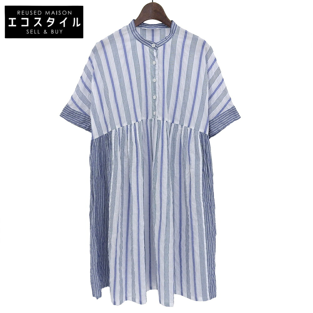 PITCHOUNE ピッチュン 美品 綿織物 シャーリング 縞模様 表着 トップス レディース 白いこと×青碧 D175AFAS704 トップス   ― 白いこと/青碧 レディース 【中古】