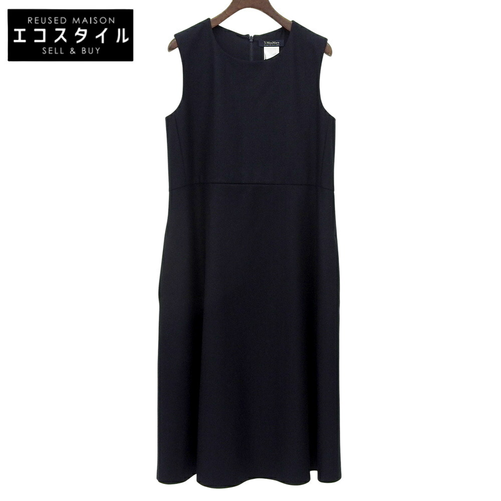 S MaxMara エスマックスマーラ 新品同様 バックタック ノースリーブ ウール ワンピース レディース 42 ワンピース 42 ネイビー レディース 【中古】